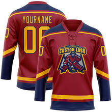 Load image into Gallery viewer, Custom Maroon Gold-Navy Hockey Lace Neck Jersey
