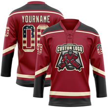 Load image into Gallery viewer, Custom Maroon Vintage USA Flag Cream-Black Hockey Lace Neck Jersey
