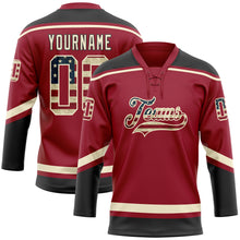 Load image into Gallery viewer, Custom Maroon Vintage USA Flag Cream-Black Hockey Lace Neck Jersey
