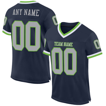 Custom Navy Gray-Neon Green Mesh Authentic Throwback Football Jersey