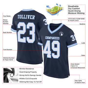 Custom Navy White-Light Blue Mesh Authentic Throwback Football Jersey