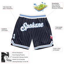 Laden Sie das Bild in den Galerie-Viewer, Custom Navy White Pinstripe White-Light Blue Authentic Basketball Shorts
