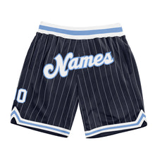 Laden Sie das Bild in den Galerie-Viewer, Custom Navy White Pinstripe White-Light Blue Authentic Basketball Shorts
