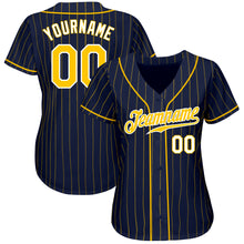 Laden Sie das Bild in den Galerie-Viewer, Custom Navy Gold Pinstripe Gold-White Authentic Baseball Jersey
