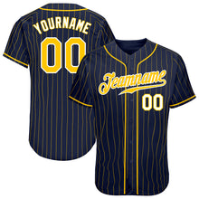 Laden Sie das Bild in den Galerie-Viewer, Custom Navy Gold Pinstripe Gold-White Authentic Baseball Jersey
