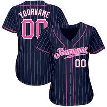 Load image into Gallery viewer, Custom Navy White Pinstripe Pink-White Authentic Baseball Jersey
