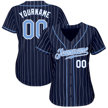 Load image into Gallery viewer, Custom Navy White Pinstripe Light Blue-White Authentic Baseball Jersey
