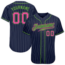 Laden Sie das Bild in den Galerie-Viewer, Custom Navy White Pinstripe Pink-Neon Green Authentic Baseball Jersey
