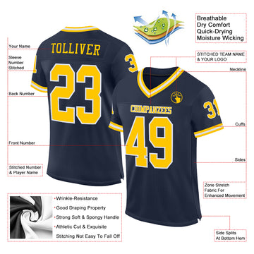 Custom Navy Gold-White Mesh Authentic Throwback Football Jersey
