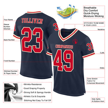 Custom Navy Red-Cream Mesh Authentic Throwback Football Jersey