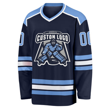 Custom Navy Light Blue-White Hockey Jersey