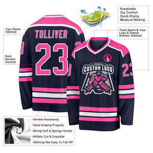 Custom Navy Pink-White Hockey Jersey