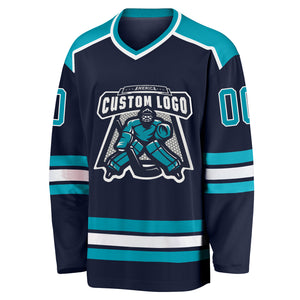 Custom Navy Teal-White Hockey Jersey