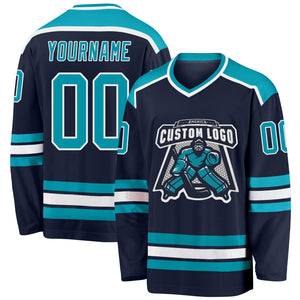 Custom Navy Teal-White Hockey Jersey