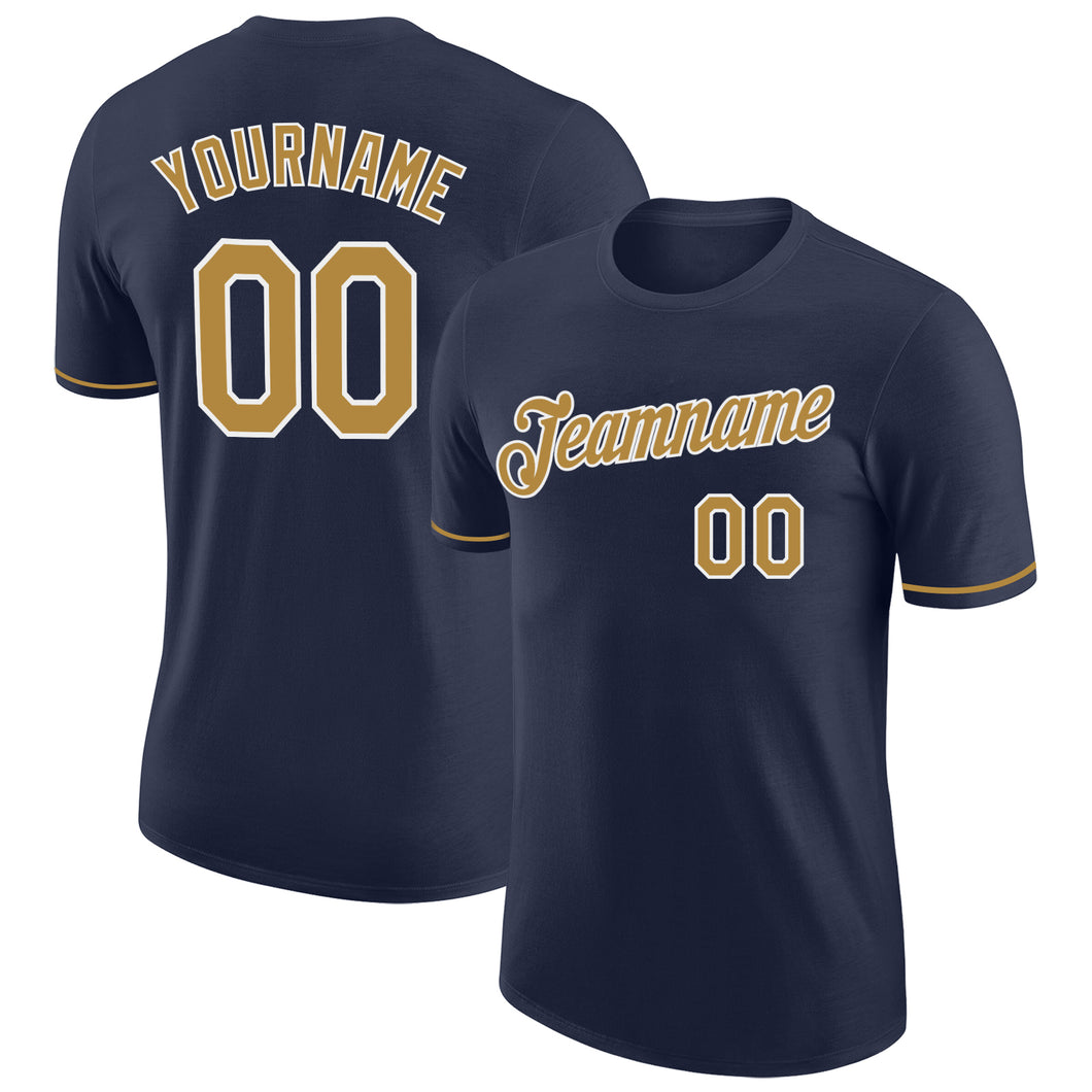 Custom Navy Old Gold-White Performance T-Shirt