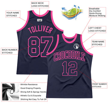 Custom Navy Navy-Pink Authentic Throwback Basketball Jersey