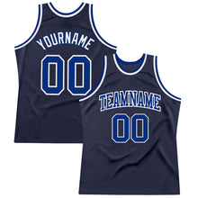 Load image into Gallery viewer, Custom Navy Royal-White Authentic Throwback Basketball Jersey
