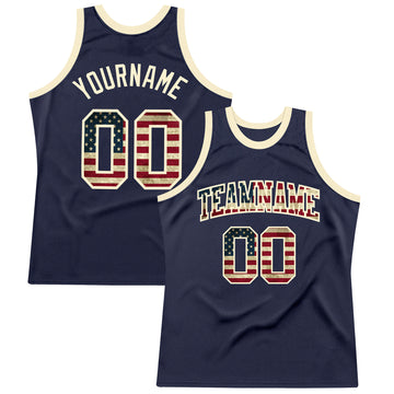 Custom Navy Vintage USA Flag-Cream Authentic Throwback Basketball Jersey