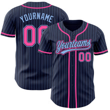 Load image into Gallery viewer, Custom Navy Light Blue Pinstripe Pink Authentic Baseball Jersey
