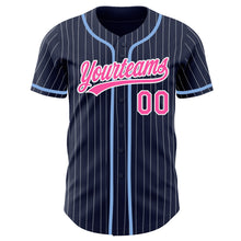 Load image into Gallery viewer, Custom Navy White Pinstripe Pink Authentic Baseball Jersey
