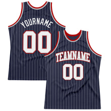 Load image into Gallery viewer, Custom Navy White Pinstripe White Gray-Red Authentic Basketball Jersey
