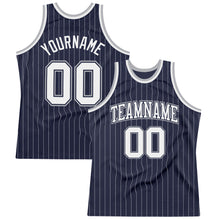 Load image into Gallery viewer, Custom Navy White Pinstripe White-Gray Authentic Basketball Jersey
