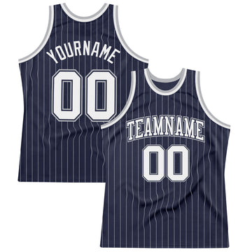 Custom Navy White Pinstripe White-Gray Authentic Basketball Jersey