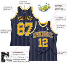 Load image into Gallery viewer, Custom Navy White Pinstripe Gold Authentic Basketball Jersey
