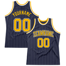 Load image into Gallery viewer, Custom Navy White Pinstripe Gold Authentic Basketball Jersey
