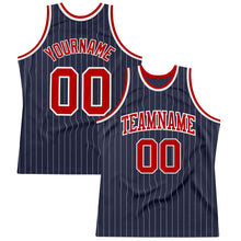 Laden Sie das Bild in den Galerie-Viewer, Custom Navy White Pinstripe Red Authentic Basketball Jersey
