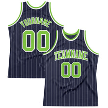 Load image into Gallery viewer, Custom Navy White Pinstripe Neon Green Authentic Basketball Jersey
