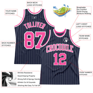 Custom Navy White Pinstripe Pink Authentic Basketball Jersey