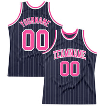 Загрузить изображение в средство просмотра галереи, Custom Navy White Pinstripe Pink Authentic Basketball Jersey
