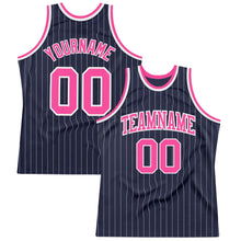 Laden Sie das Bild in den Galerie-Viewer, Custom Navy White Pinstripe Pink Authentic Basketball Jersey

