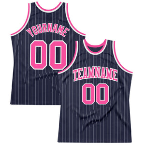 Custom Navy White Pinstripe Pink Authentic Basketball Jersey