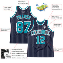 Load image into Gallery viewer, Custom Navy White Pinstripe Teal Authentic Basketball Jersey
