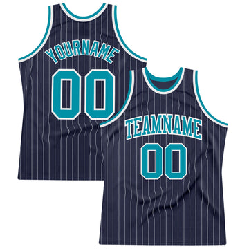 Custom Navy White Pinstripe Teal Authentic Basketball Jersey