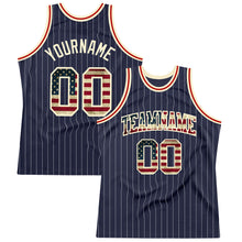 Load image into Gallery viewer, Custom Navy White Pinstripe Vintage USA Flag Cream-Red Authentic Basketball Jersey
