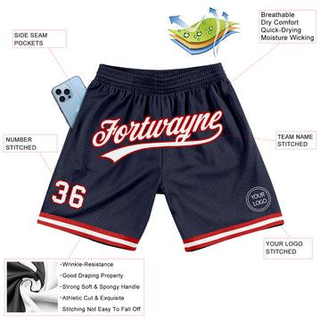 Custom Navy White-Red Authentic Throwback Basketball Shorts