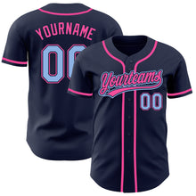 Load image into Gallery viewer, Custom Navy Light Blue-Pink Authentic Baseball Jersey
