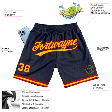 Custom Navy Gold-Red Authentic Throwback Basketball Shorts