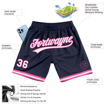 Custom Navy White-Pink Authentic Throwback Basketball Shorts
