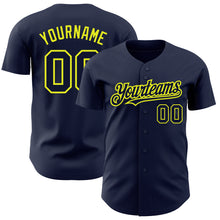 Load image into Gallery viewer, Custom Navy Neon Yellow Authentic Baseball Jersey

