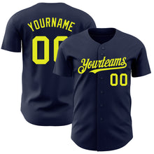 Load image into Gallery viewer, Custom Navy Neon Yellow Authentic Baseball Jersey

