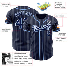 Load image into Gallery viewer, Custom Navy White Pinstripe Light Blue Authentic Baseball Jersey
