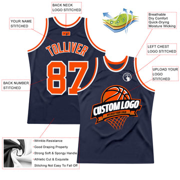 Custom Navy Orange-White Authentic Throwback Basketball Jersey