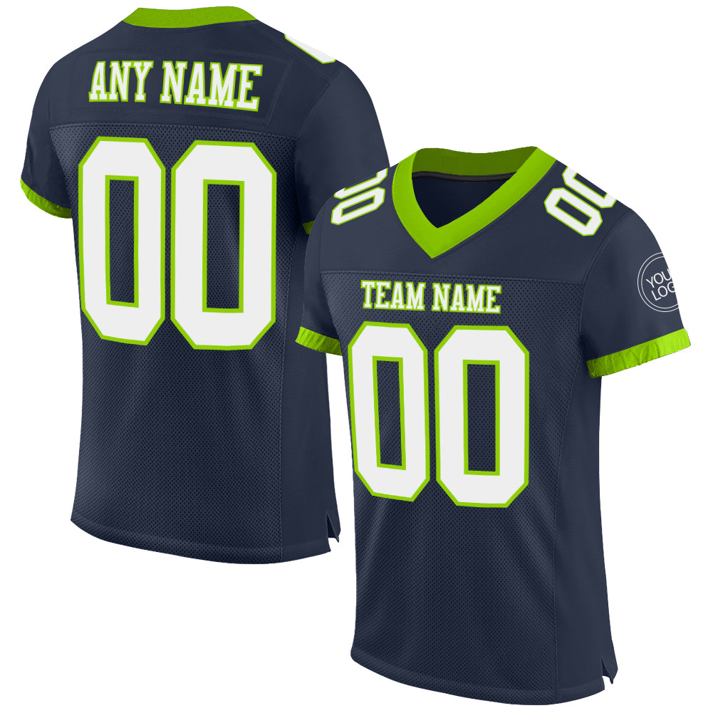 Custom Navy White-Neon Green Mesh Authentic Football Jersey