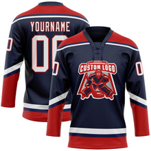 Load image into Gallery viewer, Custom Navy White-Red Hockey Lace Neck Jersey
