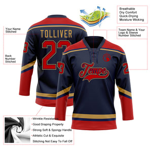 Custom Navy Red-Old Gold Hockey Lace Neck Jersey