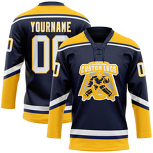 Load image into Gallery viewer, Custom Navy White-Gold Hockey Lace Neck Jersey
